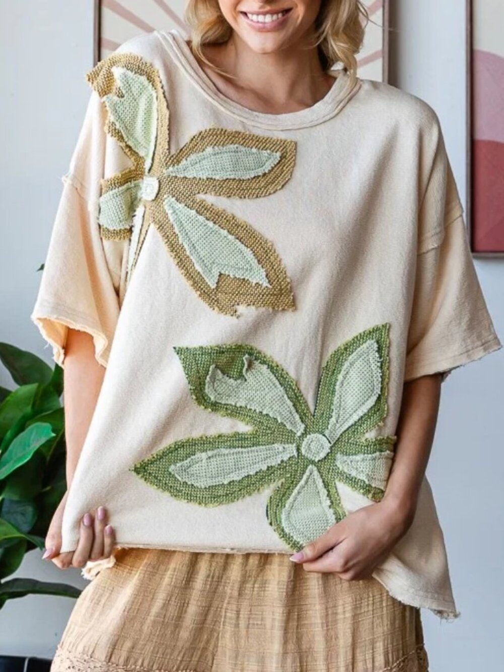 Oli & Hali oversized Flower applique Patchwork patch tunic Top free people S - Picture 2 of 11